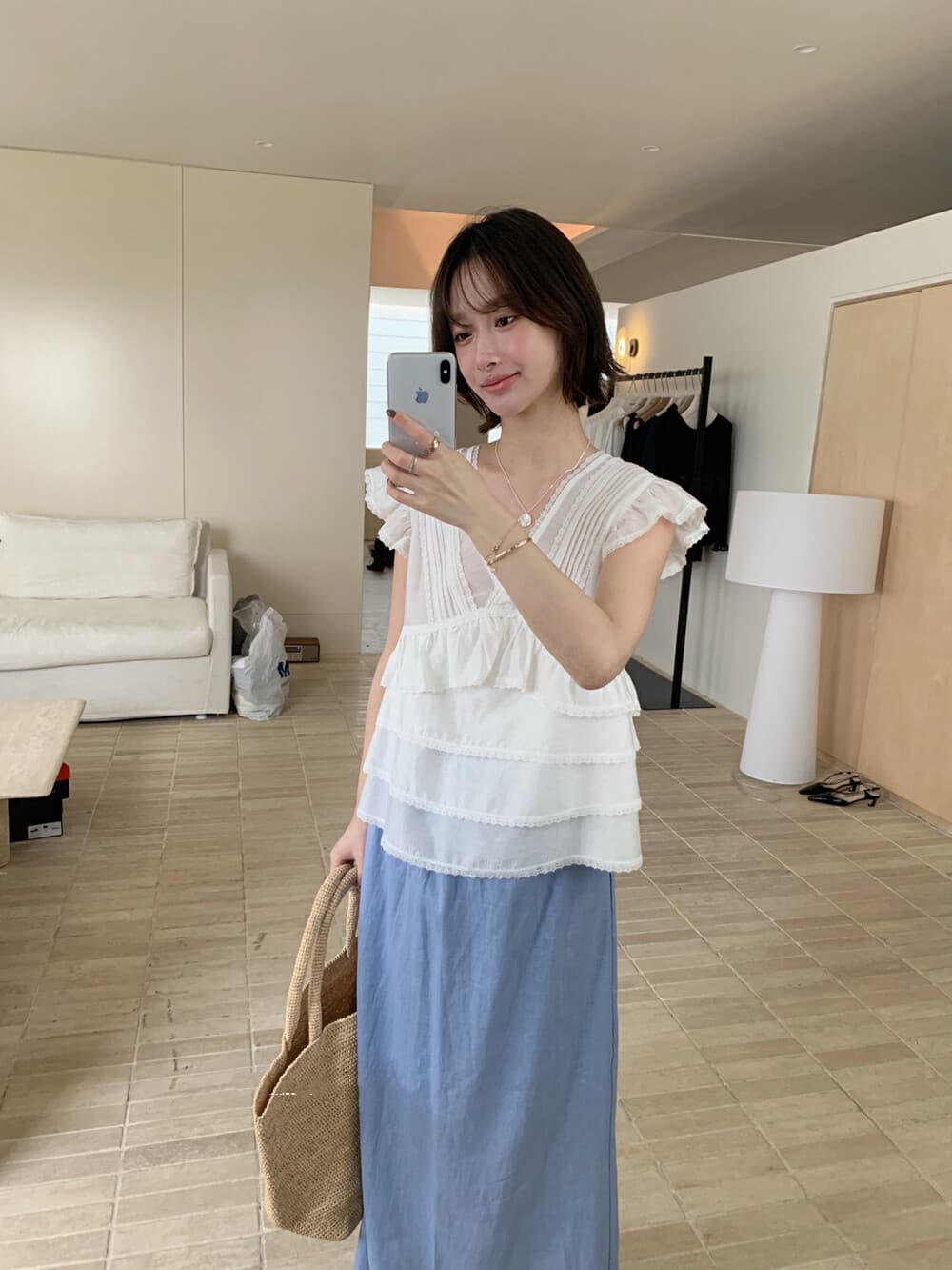 재고 있음 한국 스타일 품격 다용도 무거운 작업 요정 프릴 Feifei 소매 셔츠 상세 이미지 4
