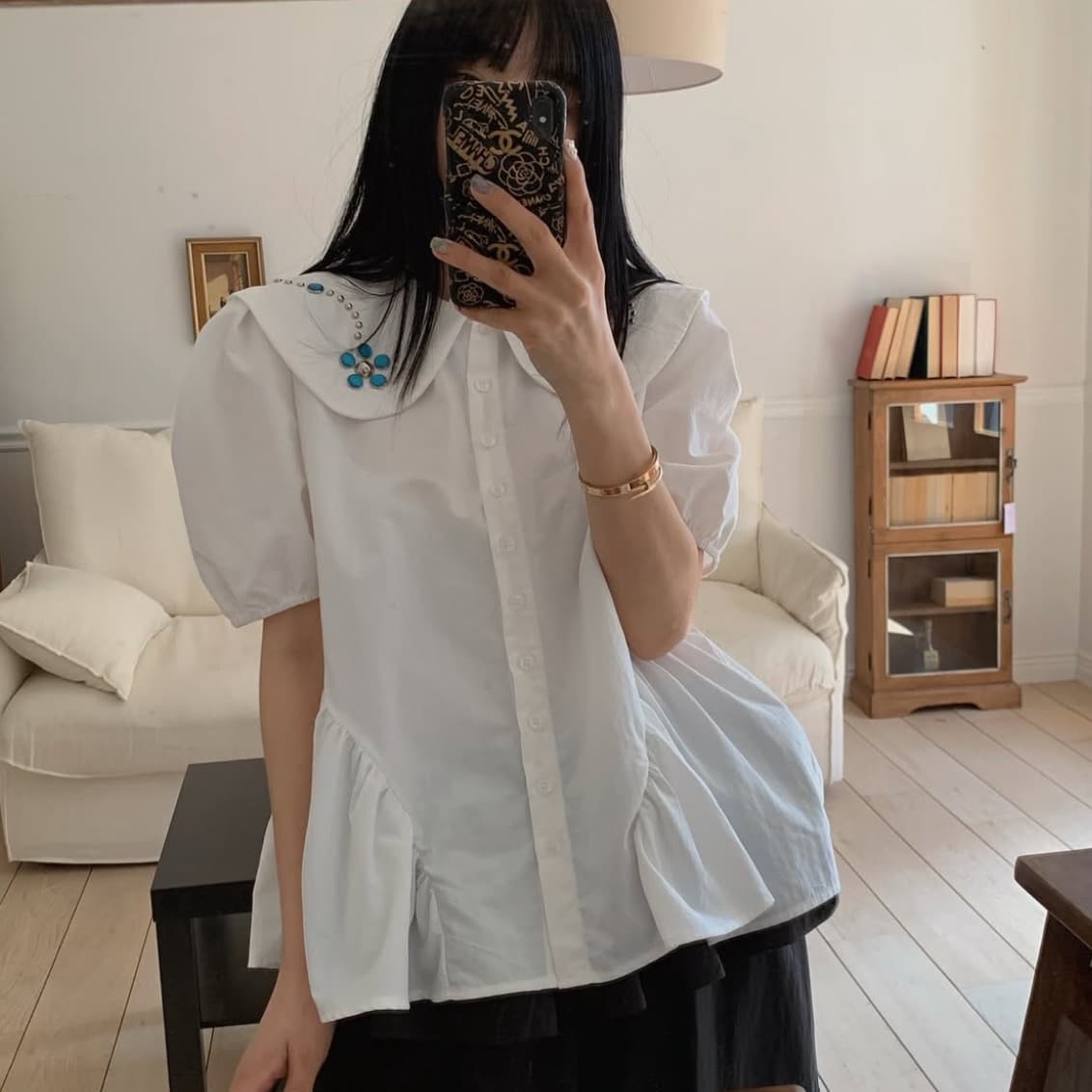 재고 있음 한국 ins 베이비 칼라 패션 비즈 박기 연령 감소 거품 소매 셔츠 상세 이미지 1