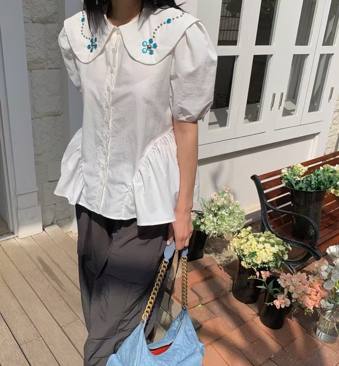 재고 있음 한국 ins 베이비 칼라 패션 비즈 박기 연령 감소 거품 소매 셔츠 상세 이미지 2
