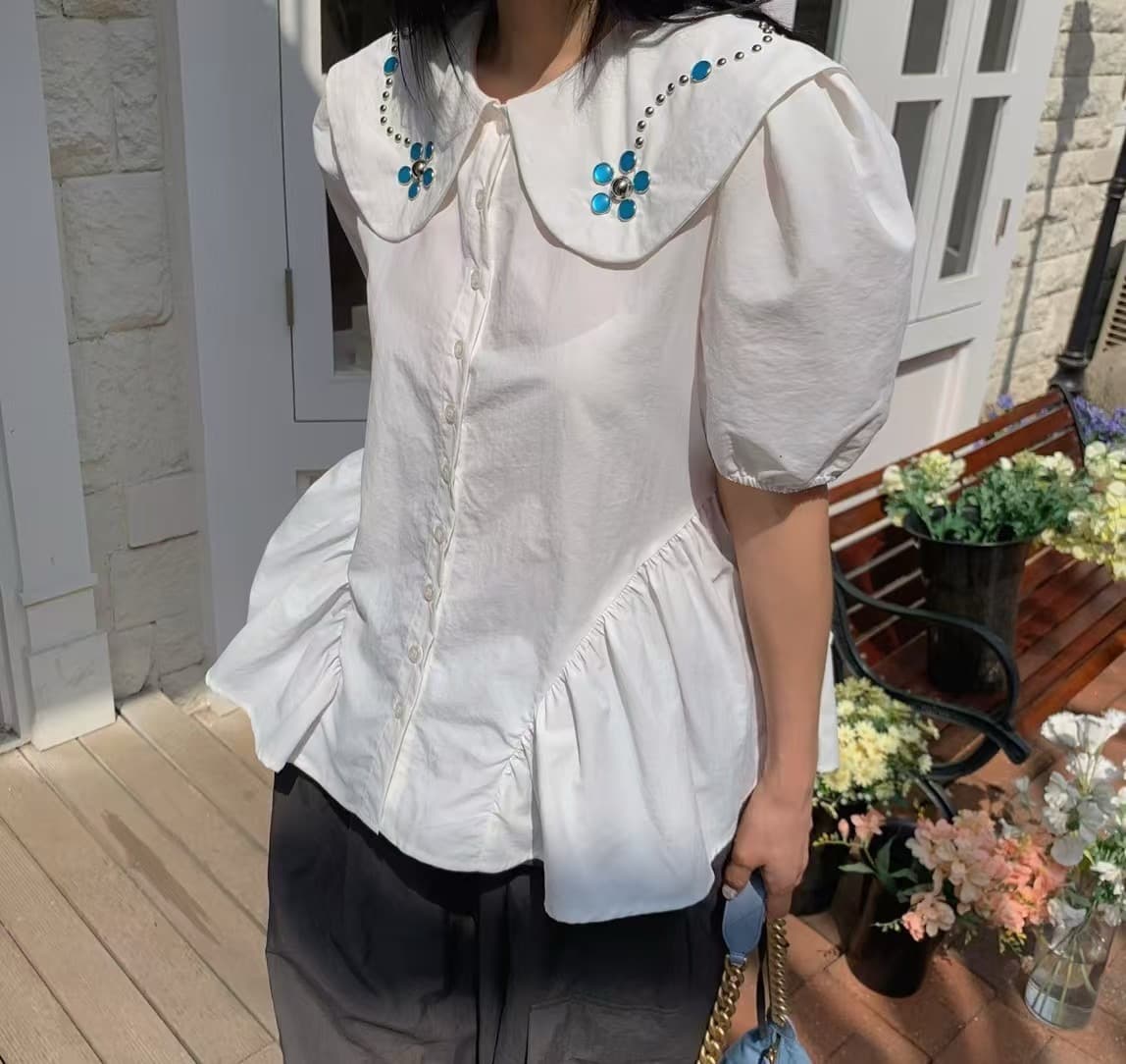 재고 있음 한국 ins 베이비 칼라 패션 비즈 박기 연령 감소 거품 소매 셔츠 상세 이미지 3