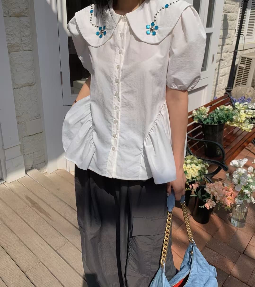 재고 있음 한국 ins 베이비 칼라 패션 비즈 박기 연령 감소 거품 소매 셔츠 상세 이미지 6
