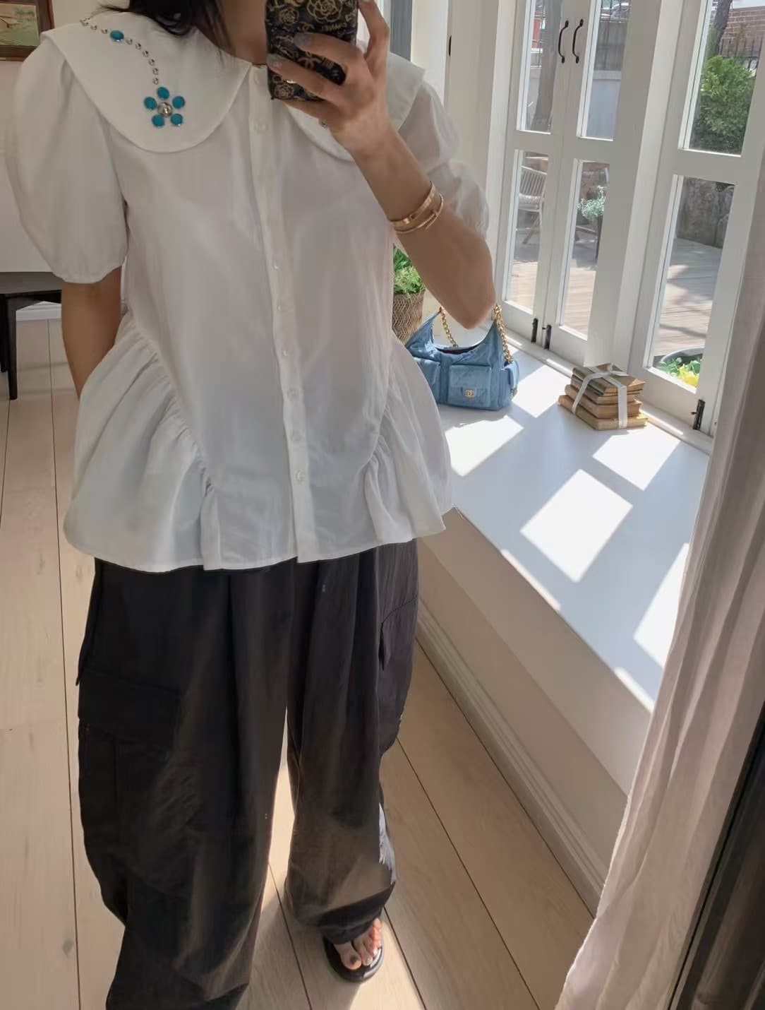 재고 있음 한국 ins 베이비 칼라 패션 비즈 박기 연령 감소 거품 소매 셔츠 상세 이미지 7