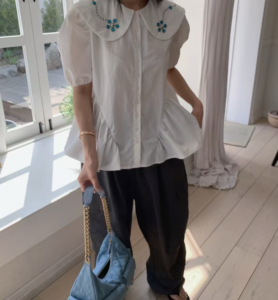 재고 있음 한국 ins 베이비 칼라 패션 비즈 박기 연령 감소 거품 소매 셔츠 상세 이미지 8