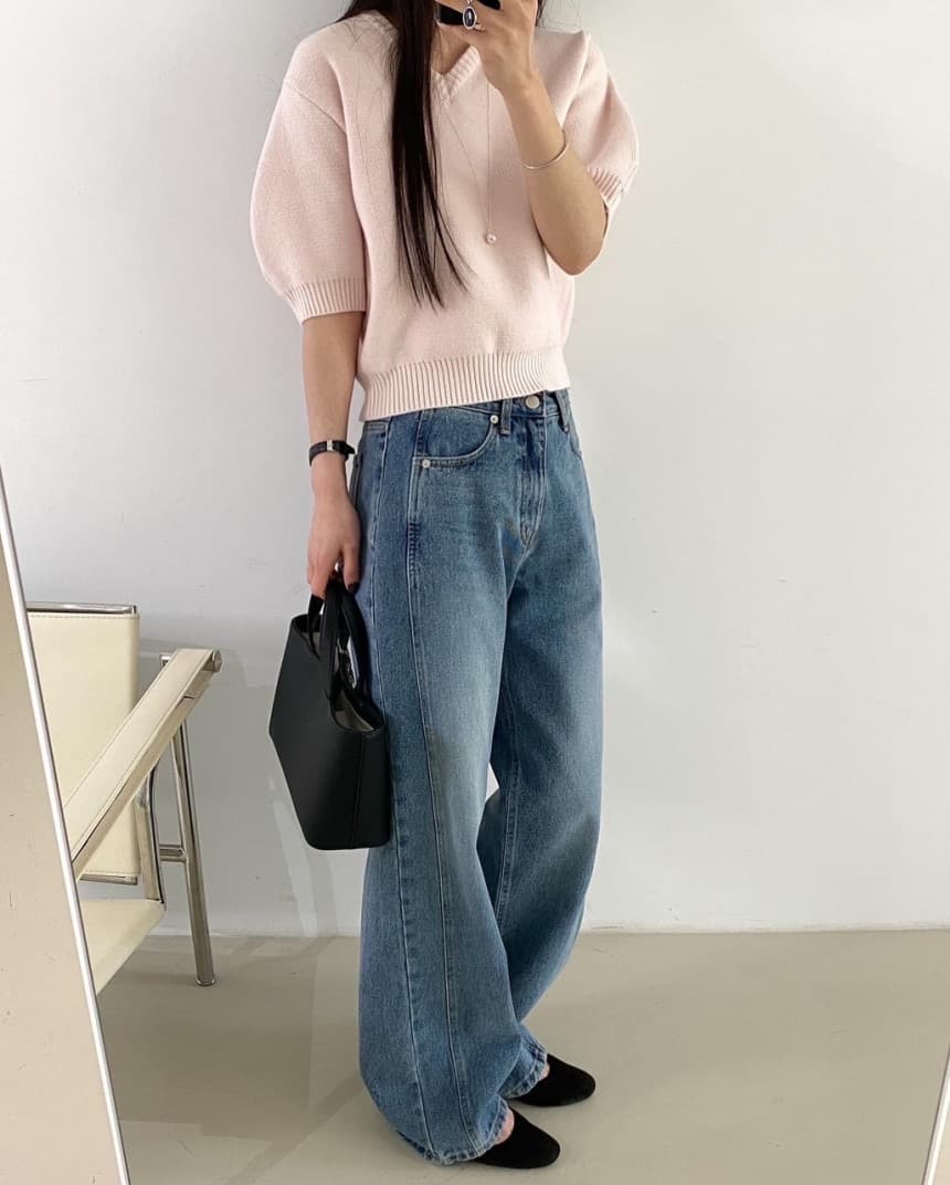 재고 있음 한국 chic 레트로 가스 V넥 칼라 루즈핏 다용도 캐주얼 배색 스트라이프 반팔 니트 스웨터 맨위 상세 이미지 17