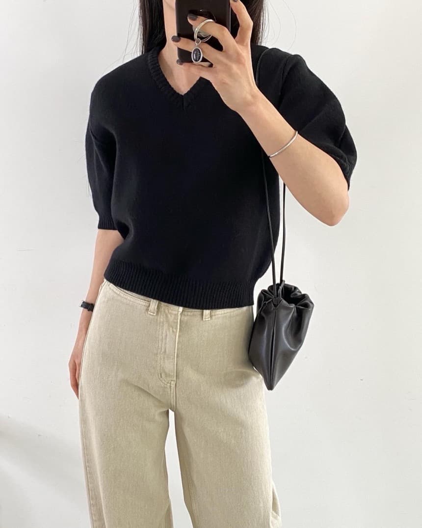 재고 있음 한국 chic 레트로 가스 V넥 칼라 루즈핏 다용도 캐주얼 배색 스트라이프 반팔 니트 스웨터 맨위 상세 이미지 28