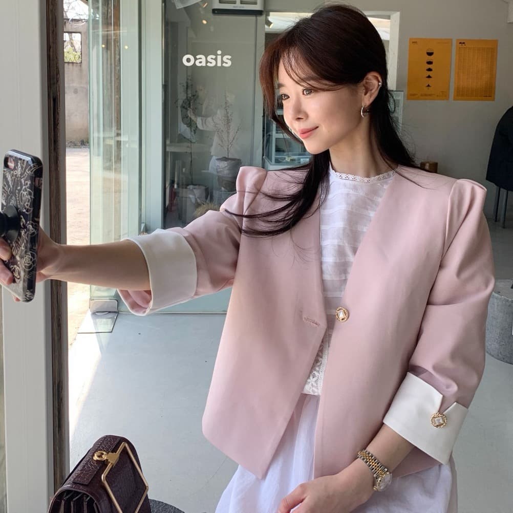 재고 있음 한국 chic 다용도 섹션 품격 배색 정장 진주 버클 재킷