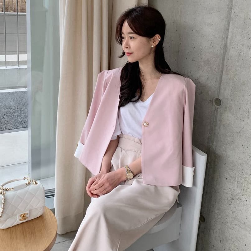 재고 있음 한국 chic 다용도 섹션 품격 배색 정장 진주 버클 재킷 이미지 2