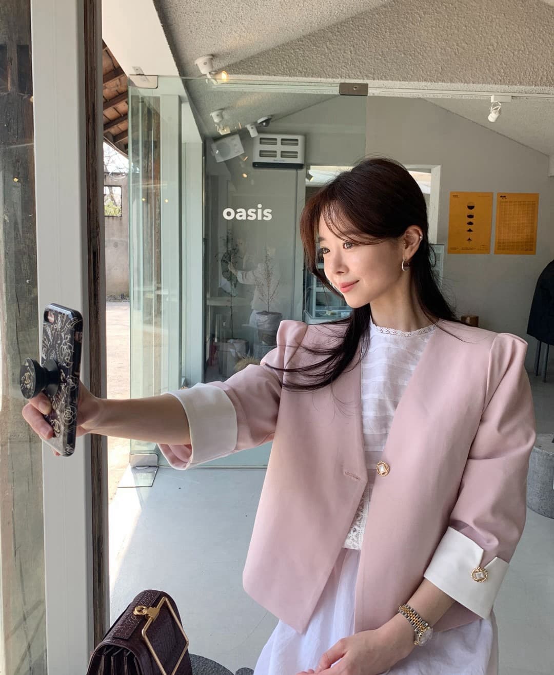 재고 있음 한국 chic 다용도 섹션 품격 배색 정장 진주 버클 재킷 상세 이미지 1