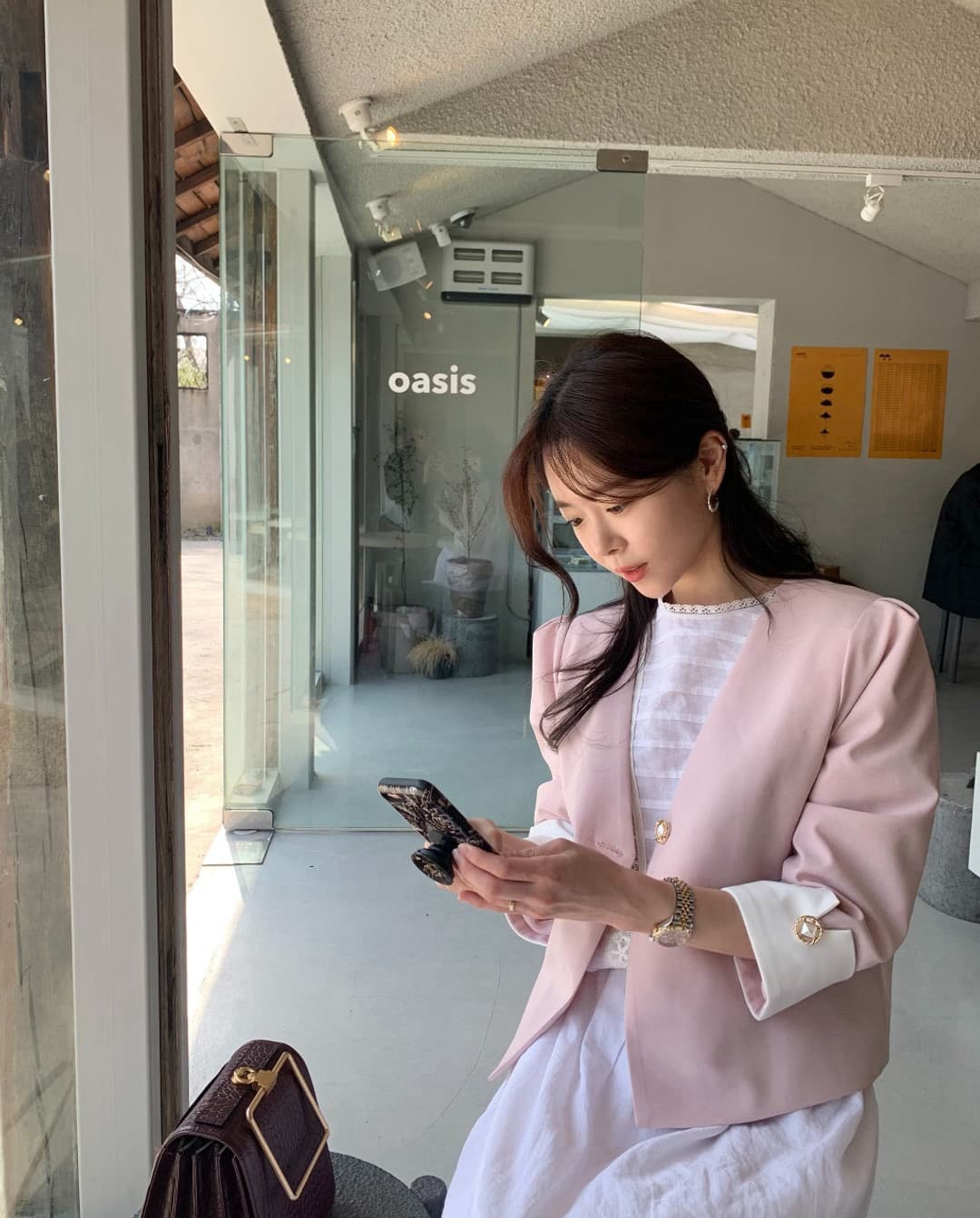 재고 있음 한국 chic 다용도 섹션 품격 배색 정장 진주 버클 재킷 상세 이미지 2