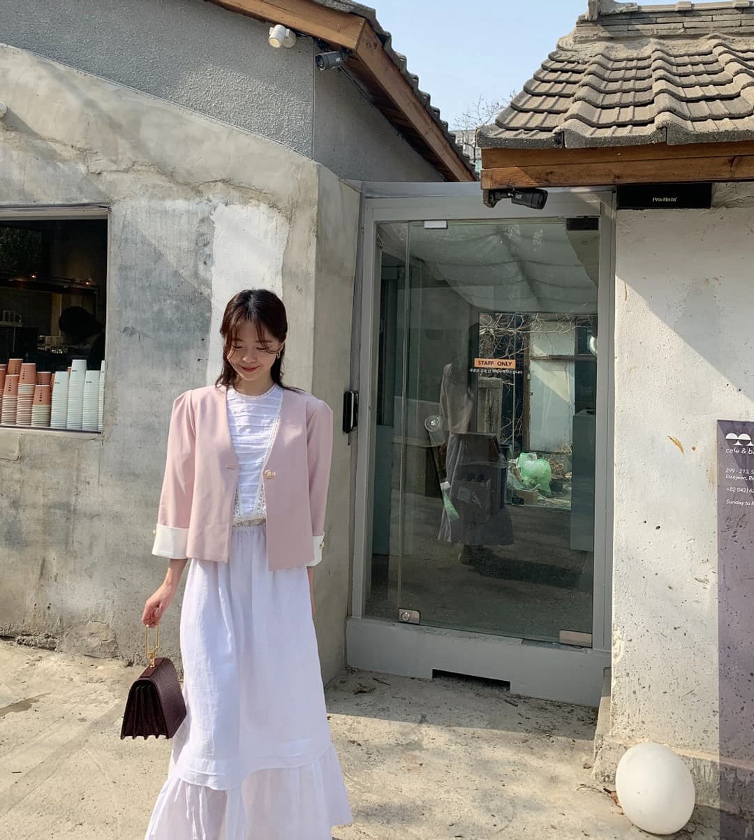 재고 있음 한국 chic 다용도 섹션 품격 배색 정장 진주 버클 재킷 상세 이미지 3