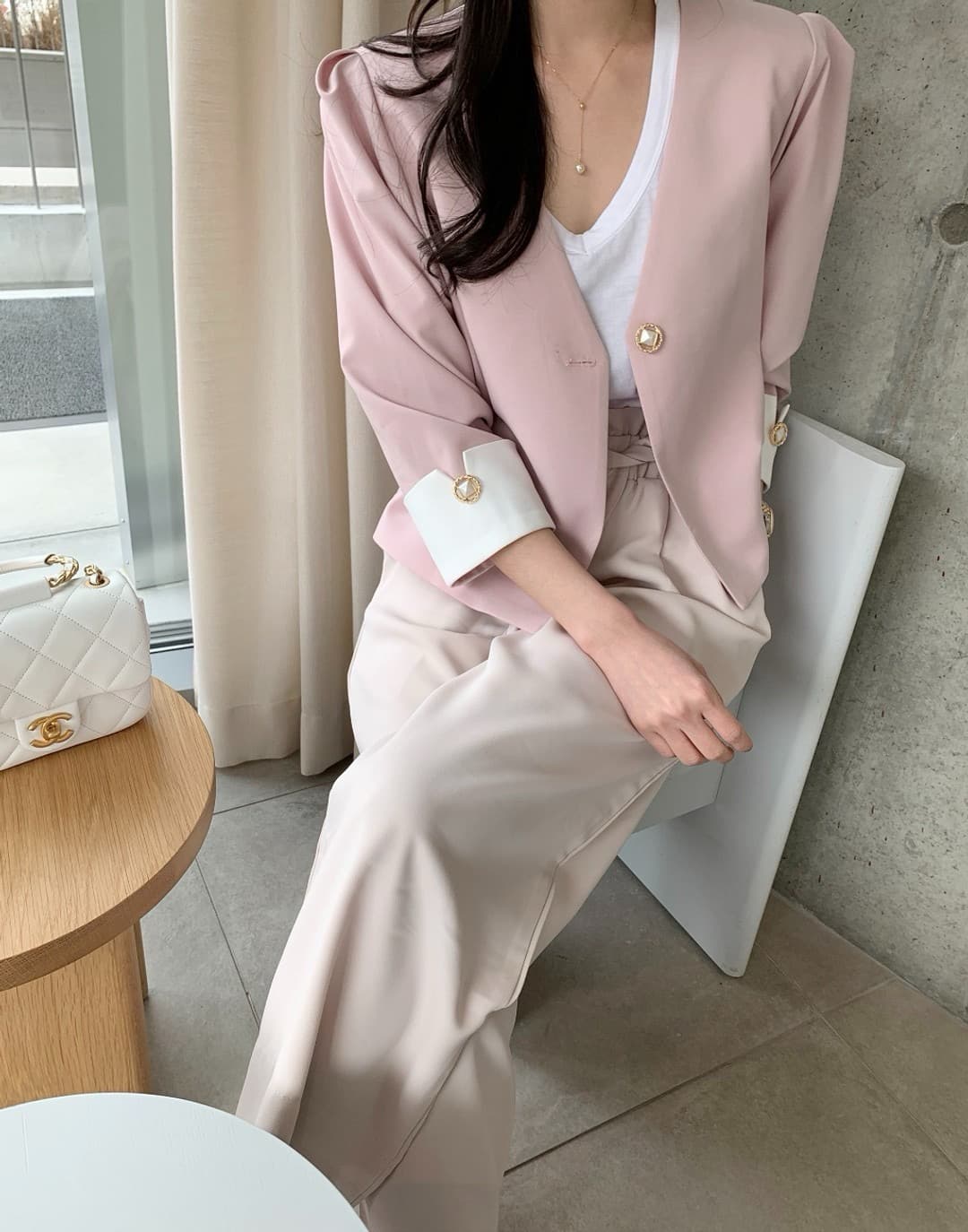 재고 있음 한국 chic 다용도 섹션 품격 배색 정장 진주 버클 재킷 상세 이미지 6
