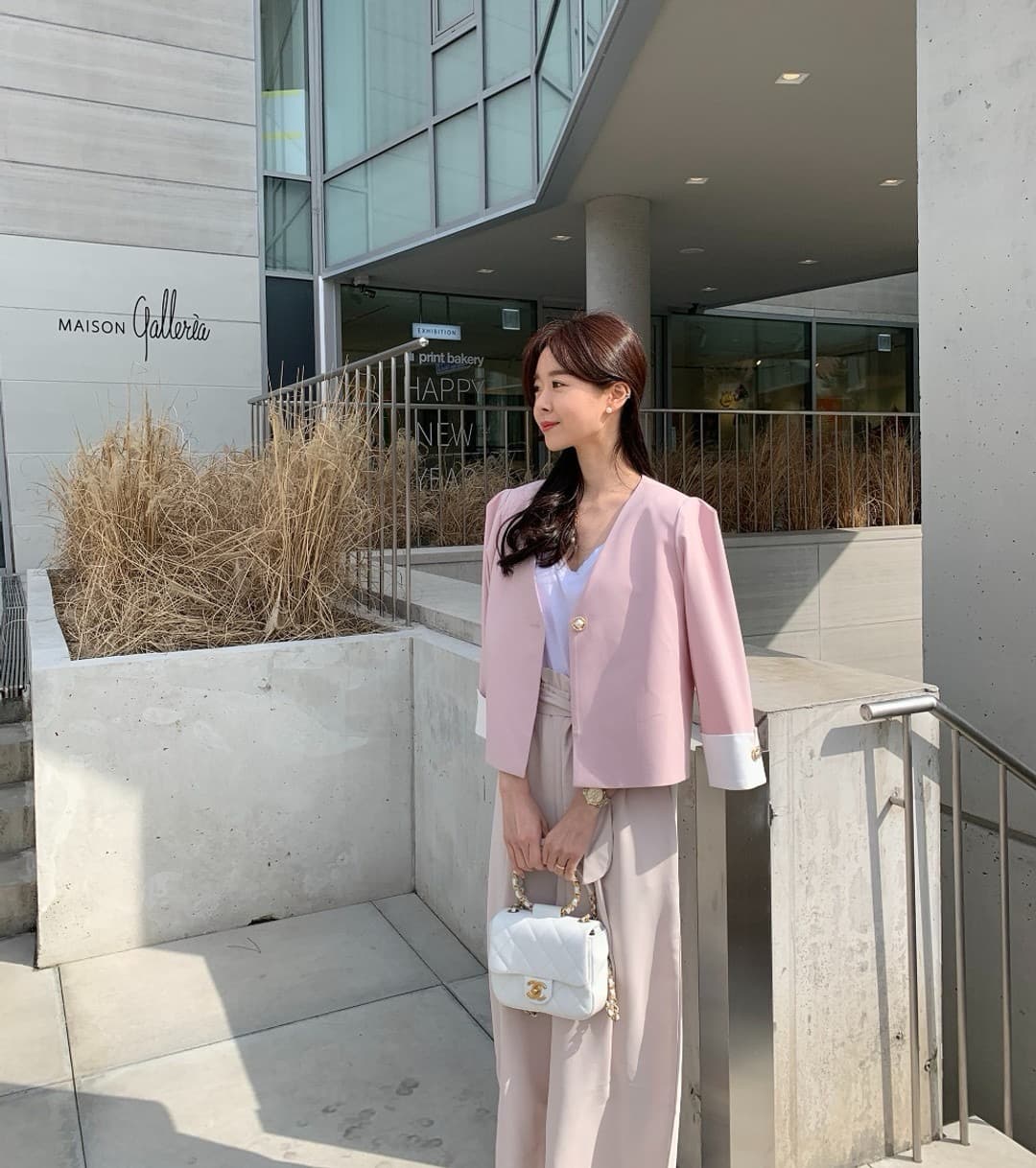 재고 있음 한국 chic 다용도 섹션 품격 배색 정장 진주 버클 재킷 상세 이미지 8