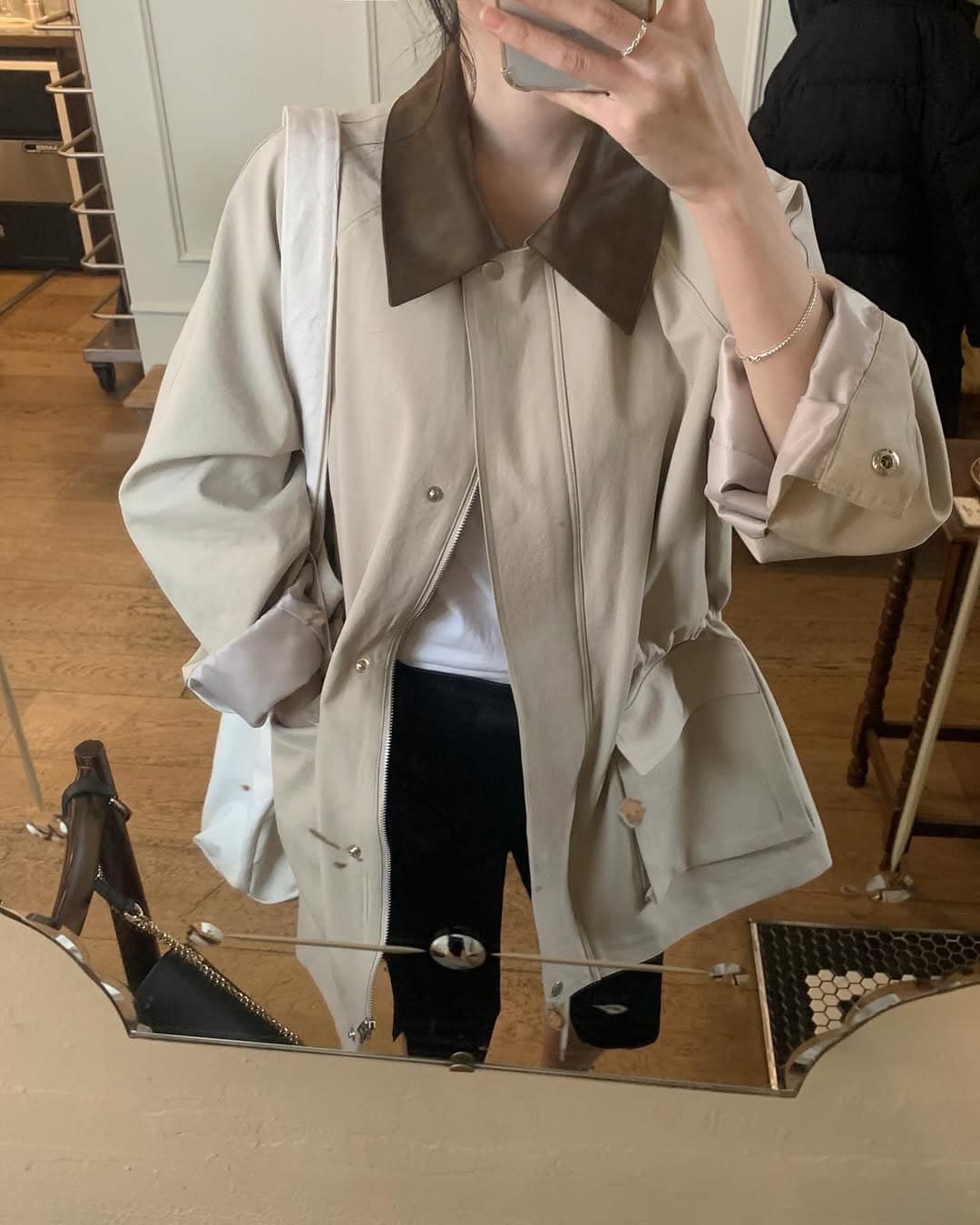 재고 있음 한국 chic 패션 품격 배색 칼라 펌프 로프 디자인 빅 포켓 루즈핏 캐주얼 재킷 이미지 3