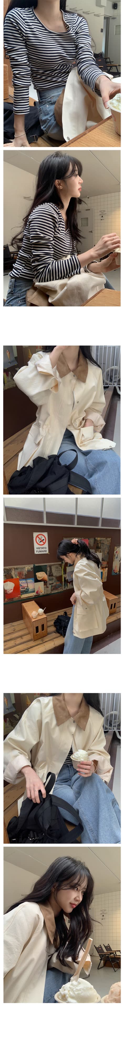 재고 있음 한국 chic 패션 품격 배색 칼라 펌프 로프 디자인 빅 포켓 루즈핏 캐주얼 재킷 상세 이미지 5