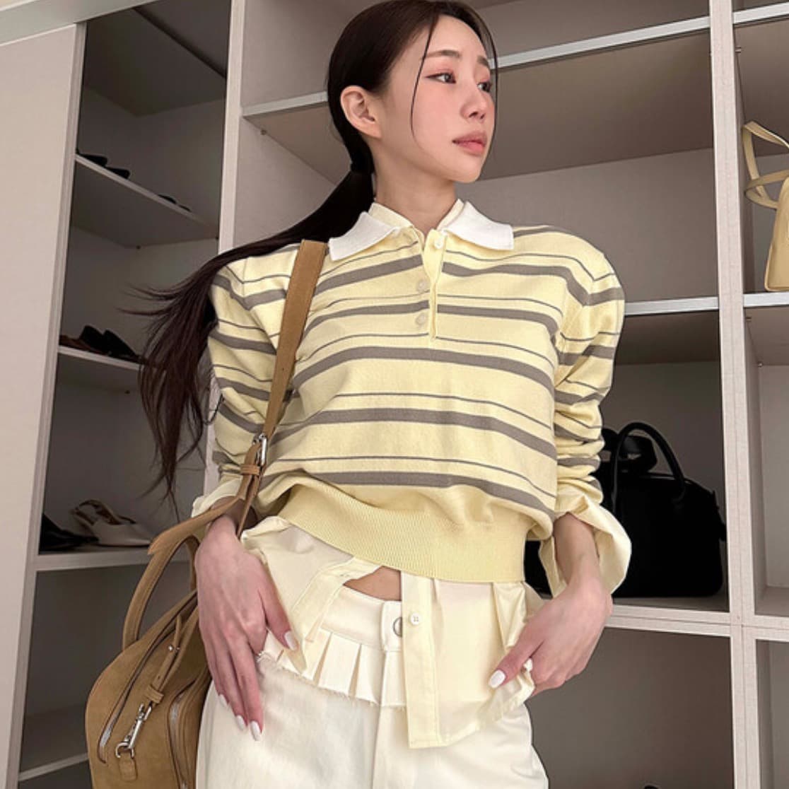재고 있음 ins 보 주님 폴로 칼라 우아함 루즈핏 스트라이프 니트 스웨터 이미지 2