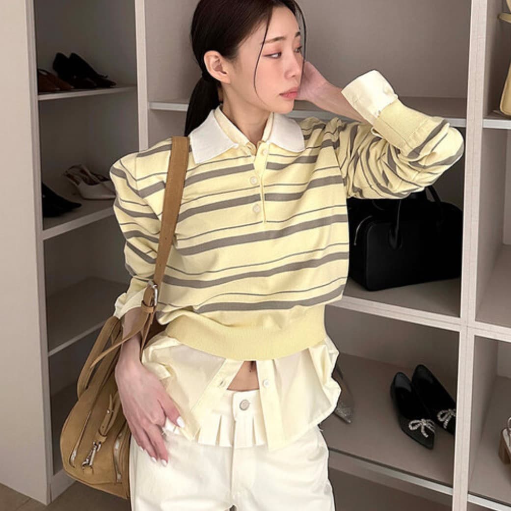 재고 있음 ins 보 주님 폴로 칼라 우아함 루즈핏 스트라이프 니트 스웨터 이미지 3