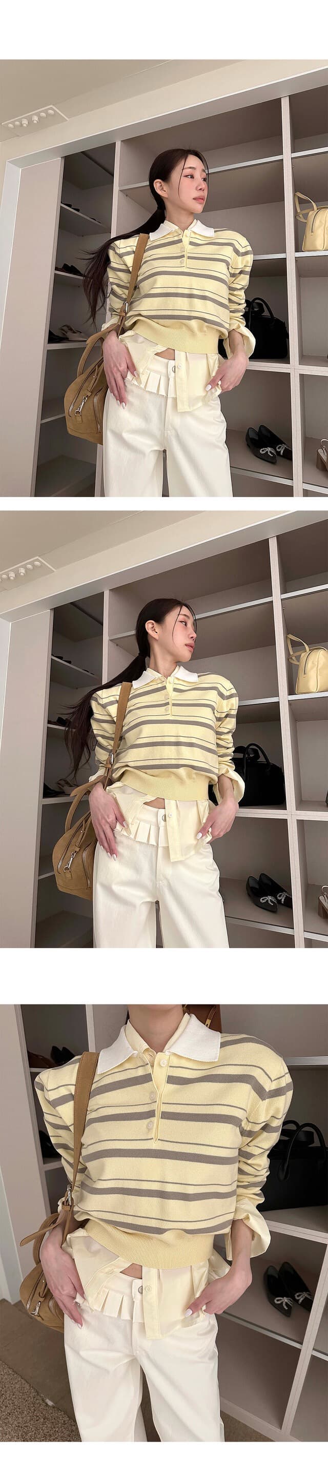 재고 있음 ins 보 주님 폴로 칼라 우아함 루즈핏 스트라이프 니트 스웨터 상세 이미지 4