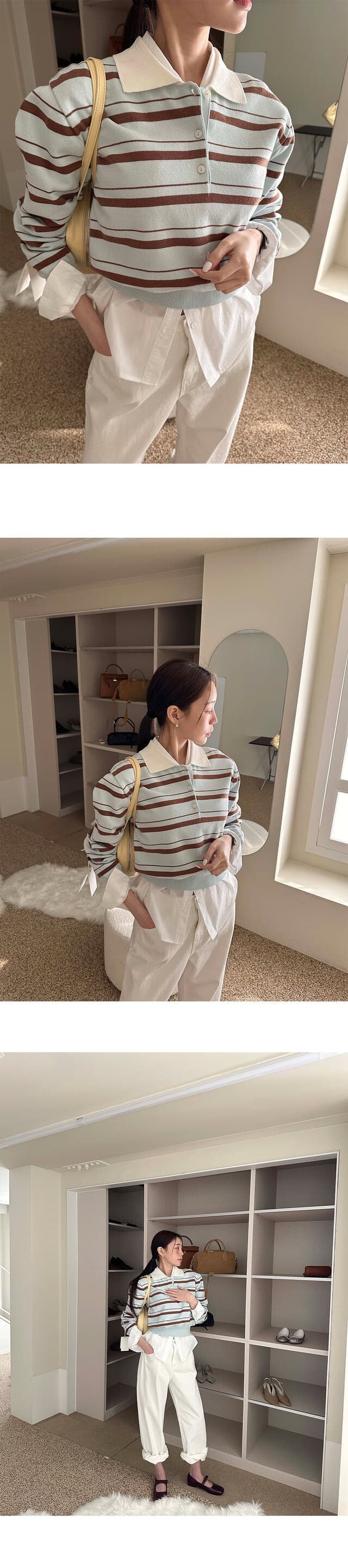 재고 있음 ins 보 주님 폴로 칼라 우아함 루즈핏 스트라이프 니트 스웨터 상세 이미지 19