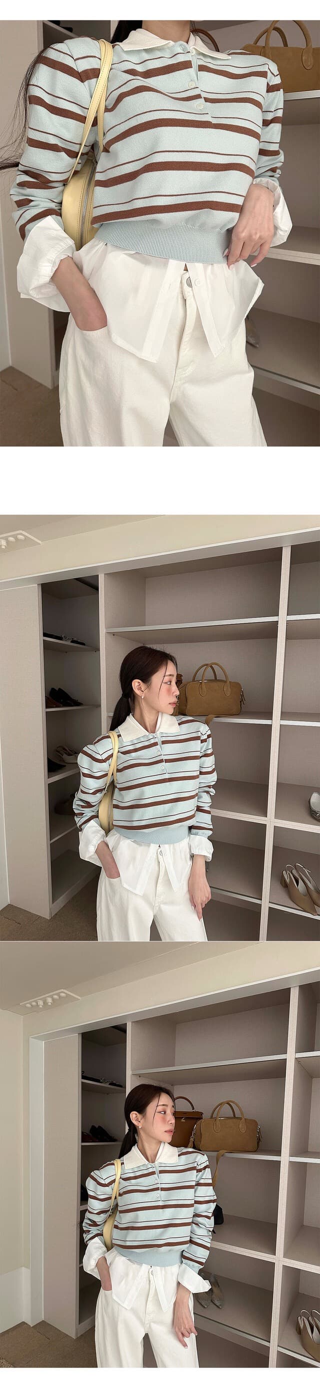 재고 있음 ins 보 주님 폴로 칼라 우아함 루즈핏 스트라이프 니트 스웨터 상세 이미지 20