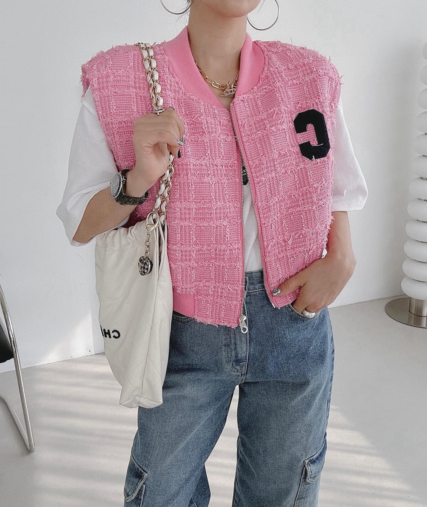재고 있음 한국 chic 다용도 섹션 알파벳 패치 베스트 재킷 이미지 3