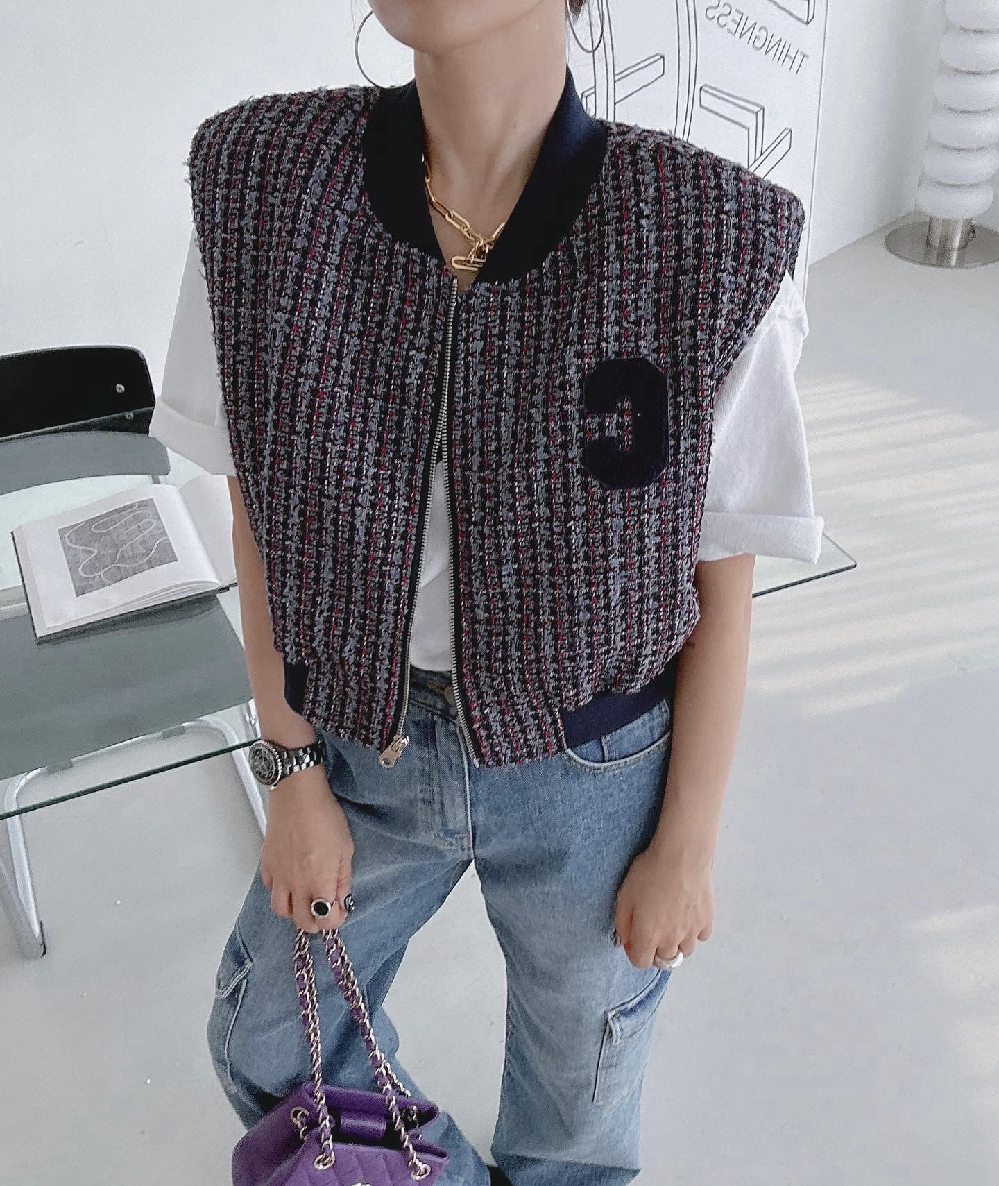 재고 있음 한국 chic 다용도 섹션 알파벳 패치 베스트 재킷 상세 이미지 1