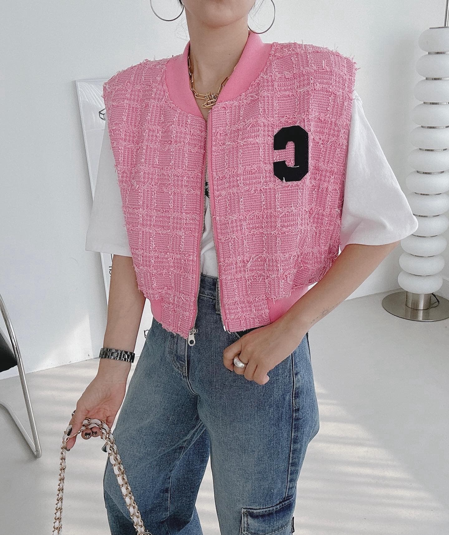 재고 있음 한국 chic 다용도 섹션 알파벳 패치 베스트 재킷 상세 이미지 9