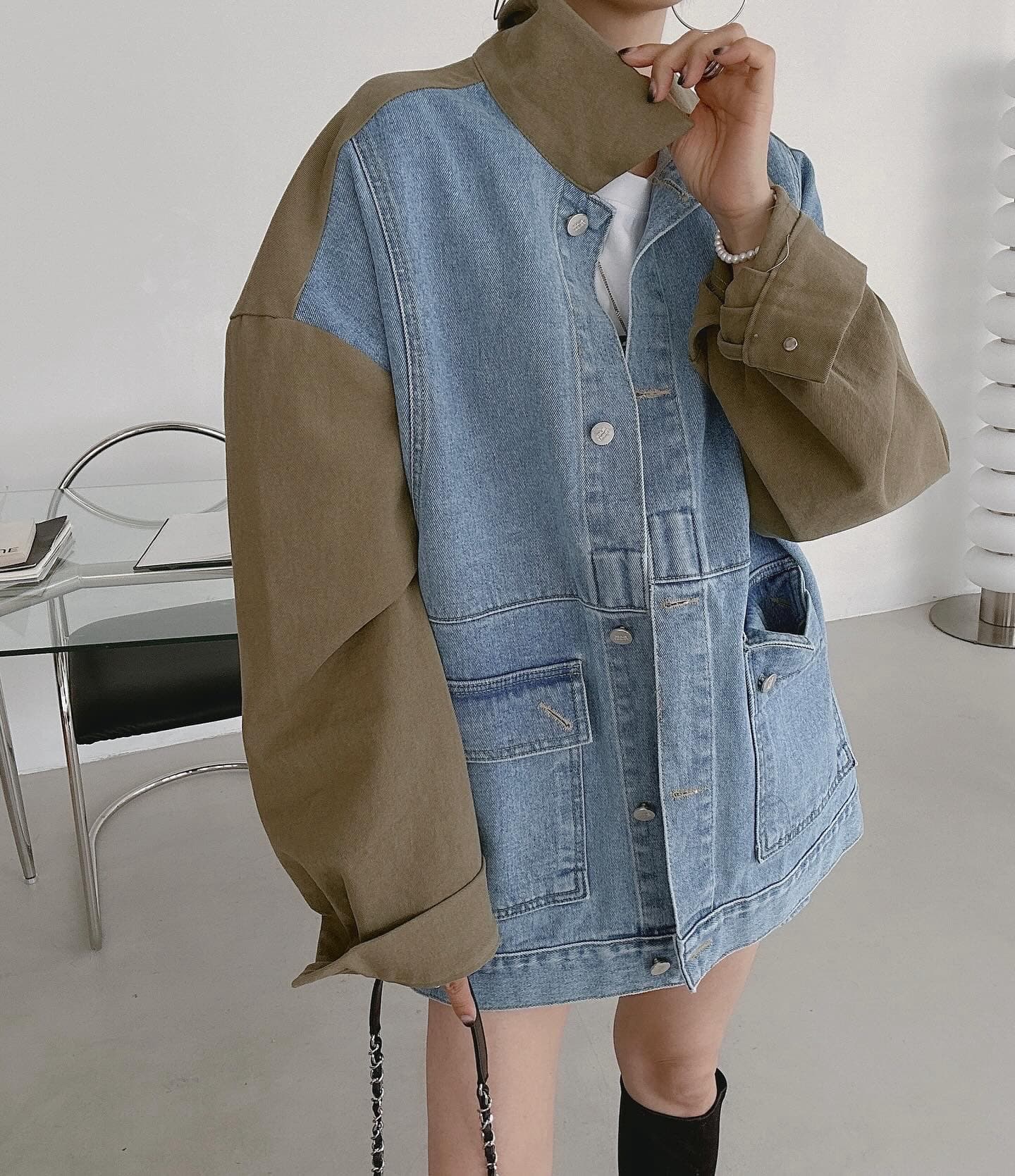 있음 물품 한국 ins 다용도 배색 패치워크 데님 재킷 상세 이미지 9
