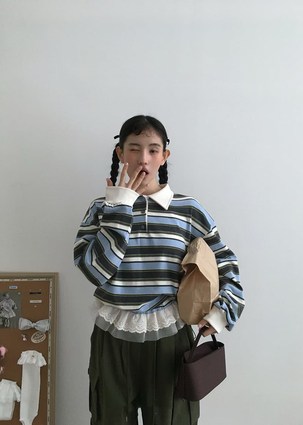 재고 있음 패션 품격 다용도 레이스 패치워크 스트라이프 후드티 상세 이미지 4