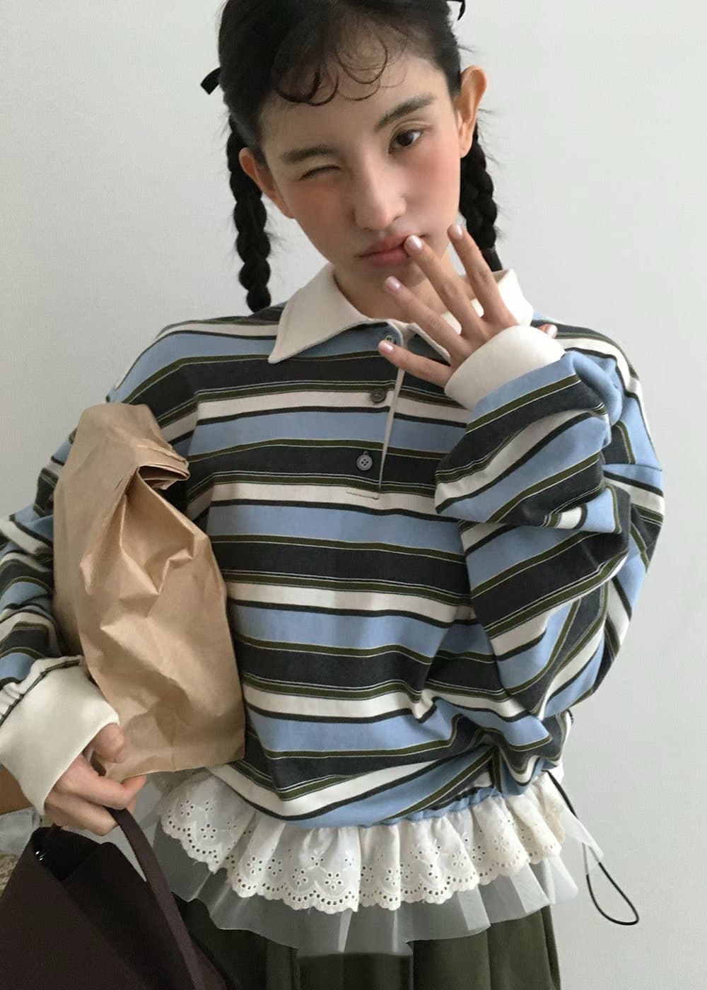 재고 있음 패션 품격 다용도 레이스 패치워크 스트라이프 후드티 상세 이미지 9