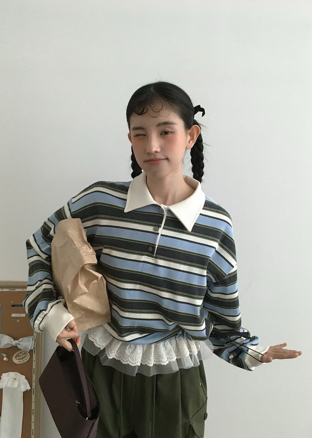 재고 있음 패션 품격 다용도 레이스 패치워크 스트라이프 후드티