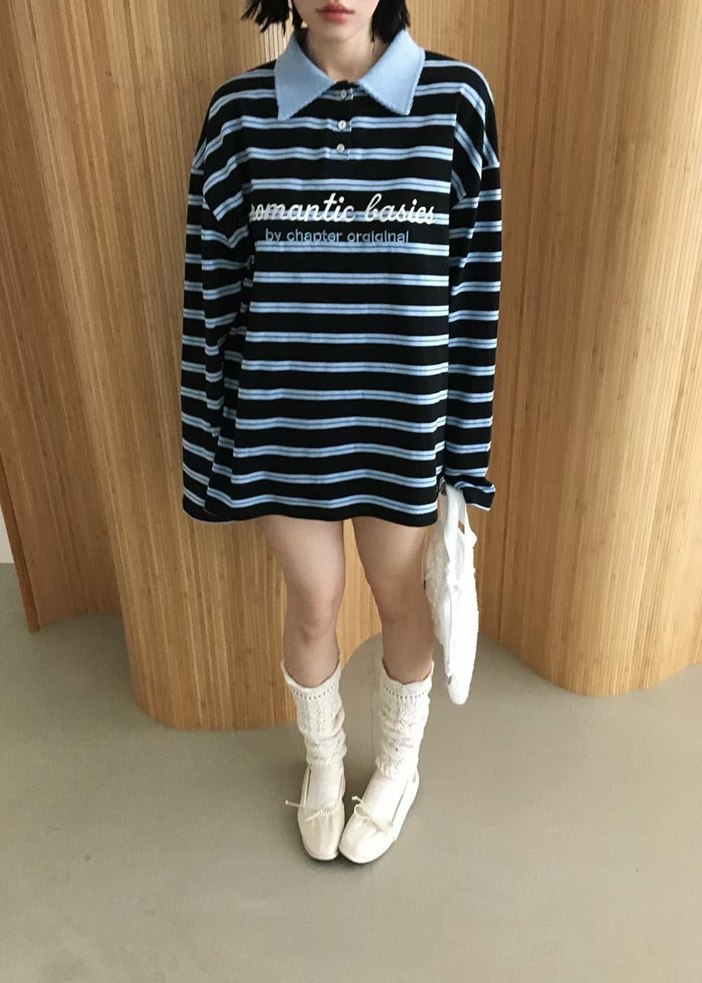있음 물품 한국 동대문 폴로 칼라 자수 알파벳 스트라이프 풀오버 스웨트셔츠 상세 이미지 5