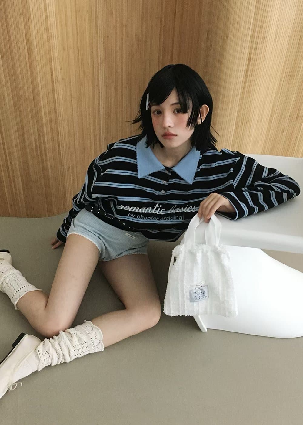 있음 물품 한국 동대문 폴로 칼라 자수 알파벳 스트라이프 풀오버 스웨트셔츠 상세 이미지 7