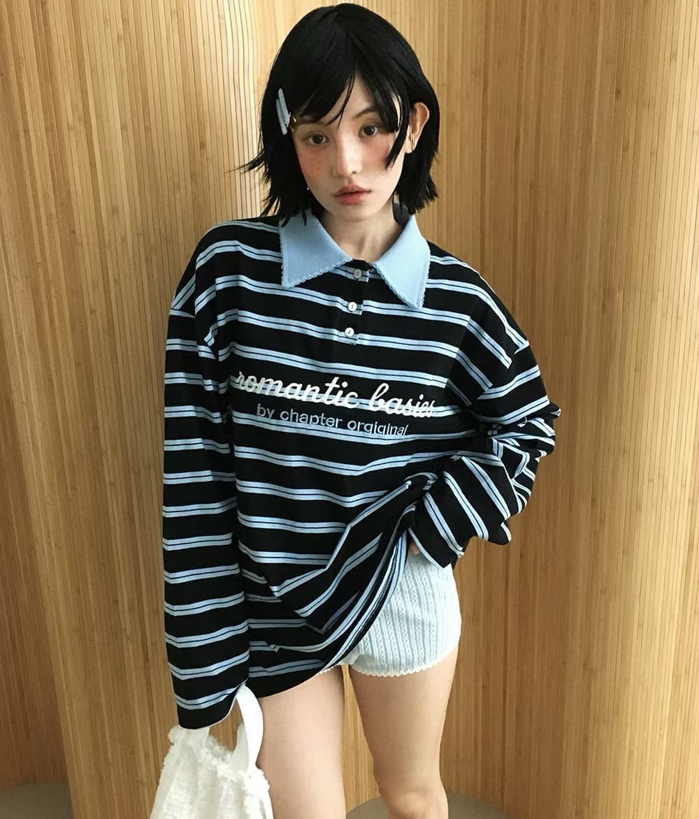 있음 물품 한국 동대문 폴로 칼라 자수 알파벳 스트라이프 풀오버 스웨트셔츠