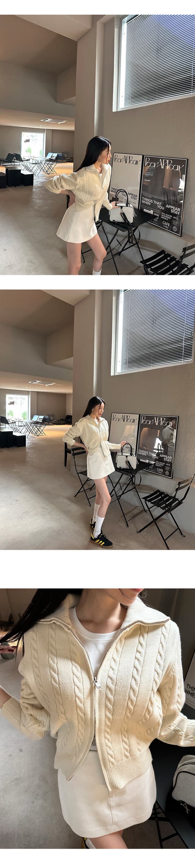 있음 물품 한국 스타일 레트로 품격 스탠드 칼라 루즈핏 캐주얼 긴팔 니트 꽈배기 스웨터 여성 코트 상세 이미지 2