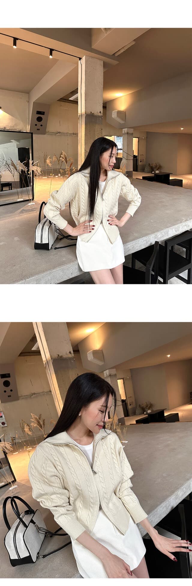 있음 물품 한국 스타일 레트로 품격 스탠드 칼라 루즈핏 캐주얼 긴팔 니트 꽈배기 스웨터 여성 코트 상세 이미지 3