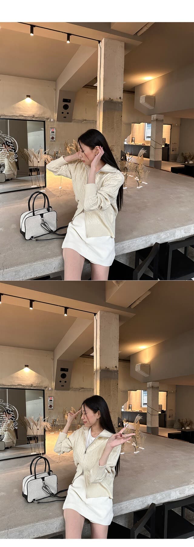 있음 물품 한국 스타일 레트로 품격 스탠드 칼라 루즈핏 캐주얼 긴팔 니트 꽈배기 스웨터 여성 코트 상세 이미지 6