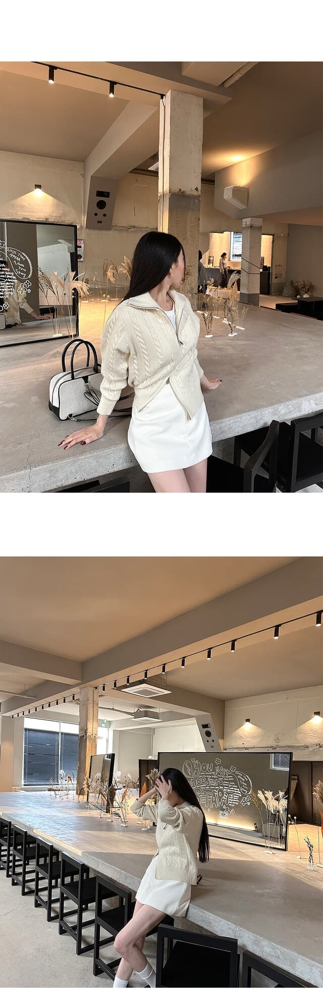 있음 물품 한국 스타일 레트로 품격 스탠드 칼라 루즈핏 캐주얼 긴팔 니트 꽈배기 스웨터 여성 코트 상세 이미지 7