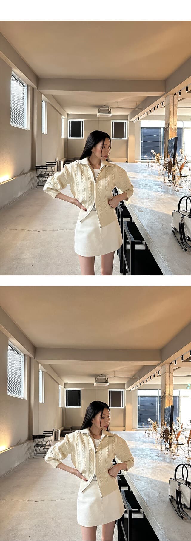 있음 물품 한국 스타일 레트로 품격 스탠드 칼라 루즈핏 캐주얼 긴팔 니트 꽈배기 스웨터 여성 코트 상세 이미지 10