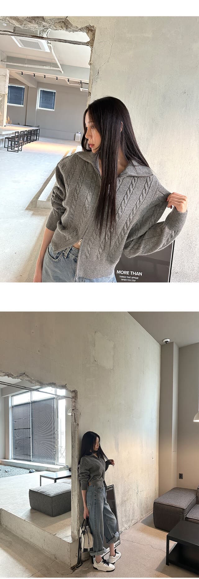있음 물품 한국 스타일 레트로 품격 스탠드 칼라 루즈핏 캐주얼 긴팔 니트 꽈배기 스웨터 여성 코트 상세 이미지 19