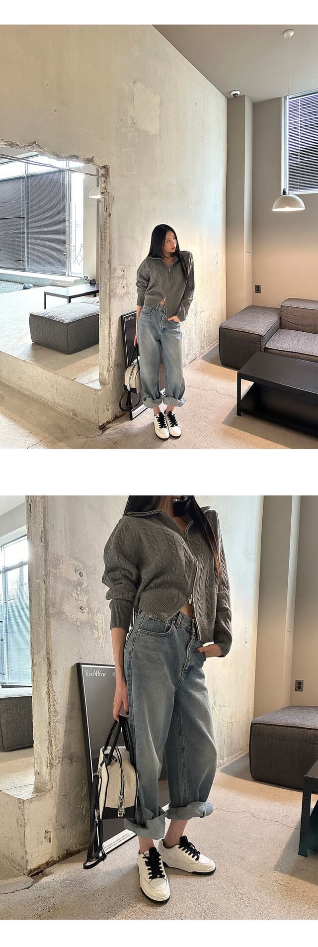 있음 물품 한국 스타일 레트로 품격 스탠드 칼라 루즈핏 캐주얼 긴팔 니트 꽈배기 스웨터 여성 코트 상세 이미지 22