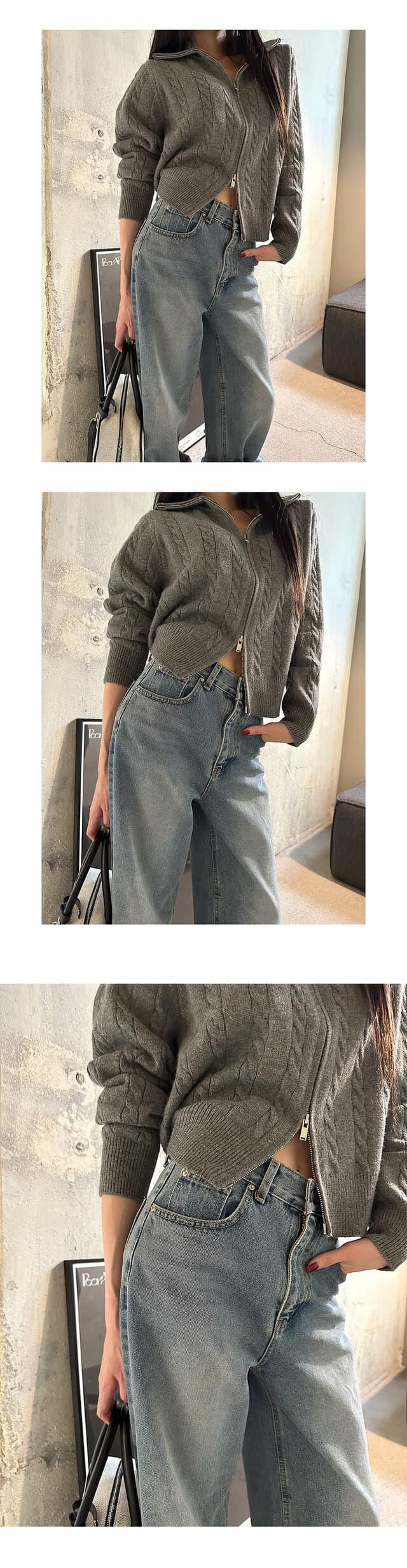 있음 물품 한국 스타일 레트로 품격 스탠드 칼라 루즈핏 캐주얼 긴팔 니트 꽈배기 스웨터 여성 코트 상세 이미지 24