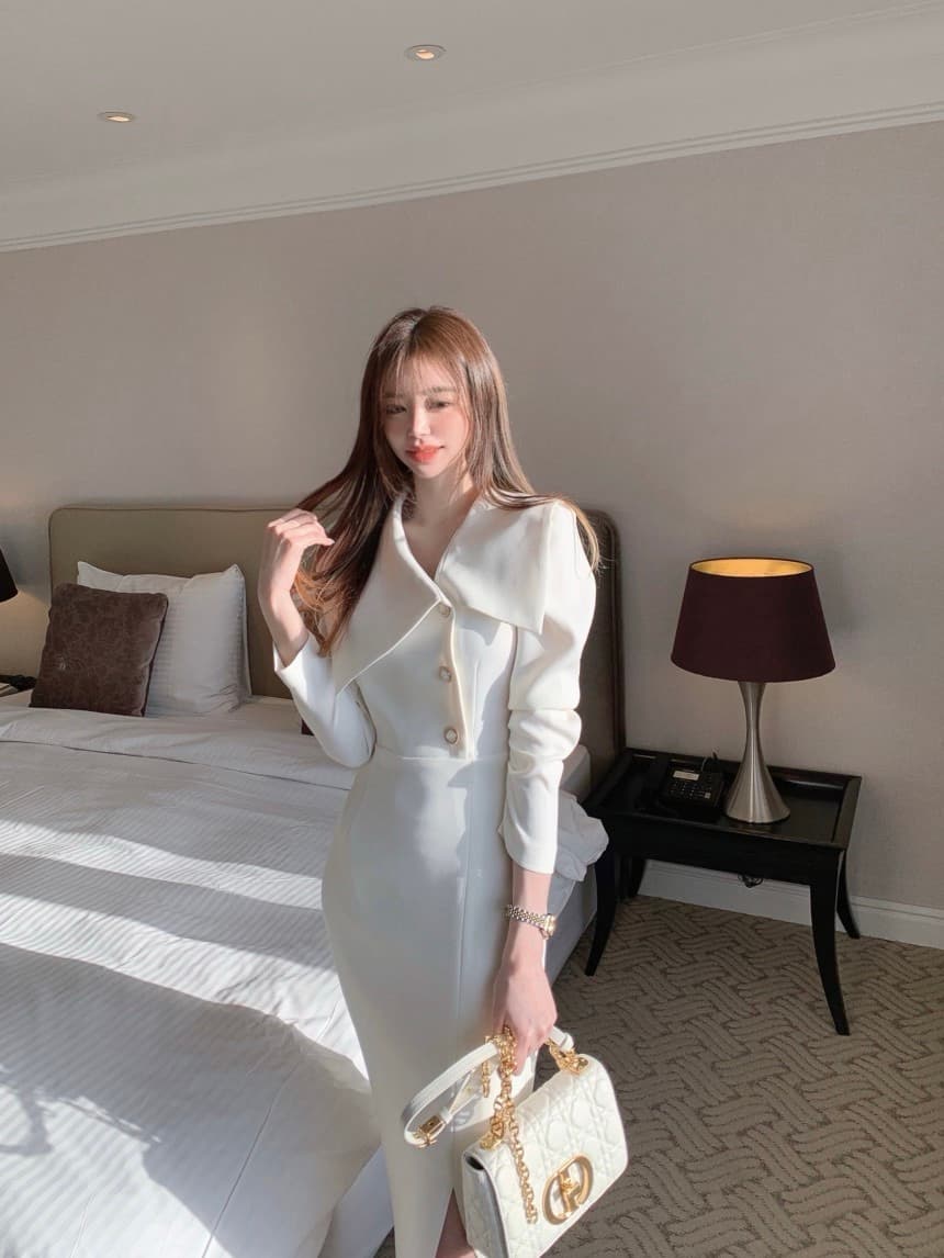 있음 물품 새로운 패션 비대칭 빅 칼라 몸매 가꾸기 슬림해 보이는 출퇴근 드레스 단색 상세 이미지 9