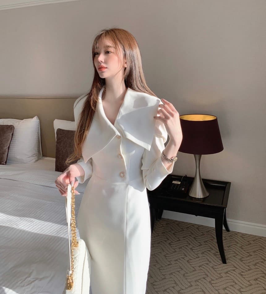 있음 물품 새로운 패션 비대칭 빅 칼라 몸매 가꾸기 슬림해 보이는 출퇴근 드레스 단색 상세 이미지 14