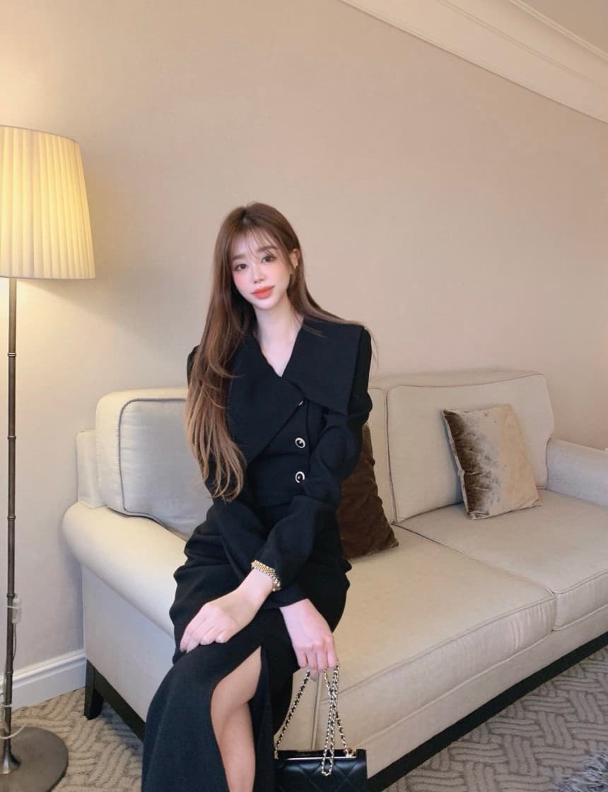 있음 물품 새로운 패션 비대칭 빅 칼라 몸매 가꾸기 슬림해 보이는 출퇴근 드레스 단색 상세 이미지 18