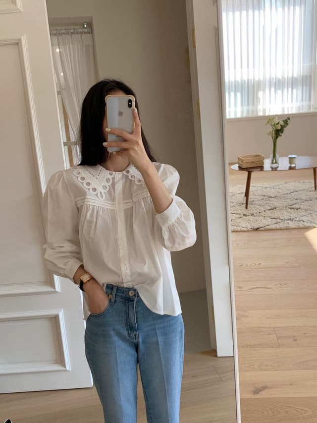 있음 물품 품격 연령 감소 베이비 칼라 다용도 거품 소매 셔츠 상세 이미지 1