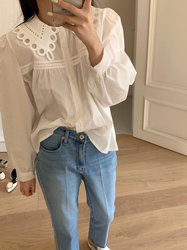 있음 물품 품격 연령 감소 베이비 칼라 다용도 거품 소매 셔츠 상세 이미지 3