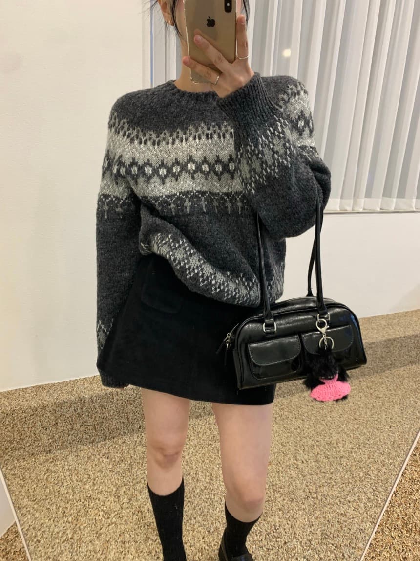 재고 있음 한국 동대문 구매 보 주님 섹션 품격 우아함 레트로 자카드 라운드 넥 니트 스웨터 이미지 2