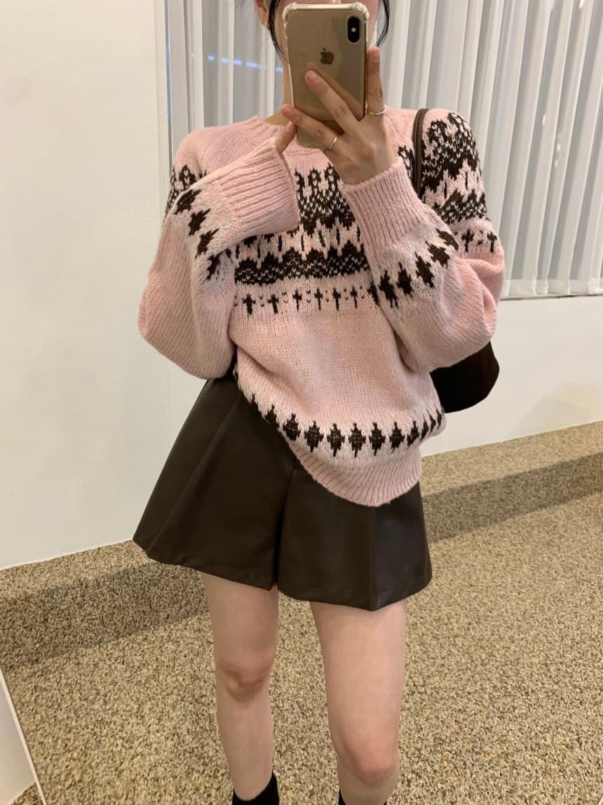 재고 있음 한국 동대문 구매 보 주님 섹션 품격 우아함 레트로 자카드 라운드 넥 니트 스웨터 이미지 3