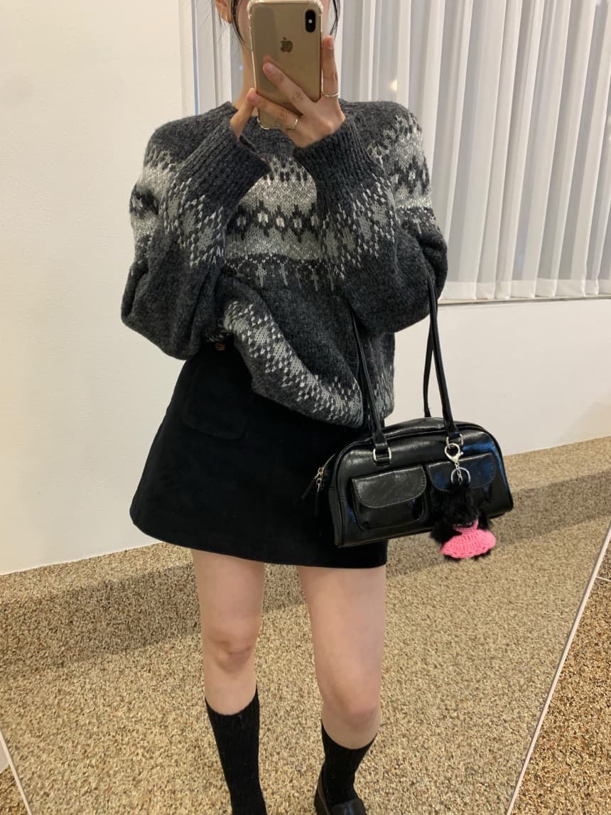 재고 있음 한국 동대문 구매 보 주님 섹션 품격 우아함 레트로 자카드 라운드 넥 니트 스웨터 상세 이미지 4
