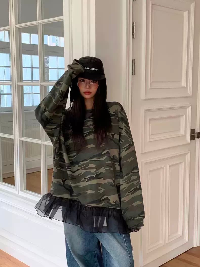 있음 물품 한국 동대문 ~ 중 품격 다용도 라운드 넥 카모플라주 레오파드 무늬 느긋한 루즈핏 후드티 상세 이미지 1